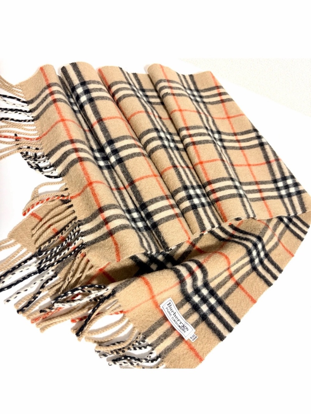Burberry Beige Black Red Plaid Cashmere Scarf